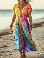 Women's Rainbow Art Printed V-neck Dress