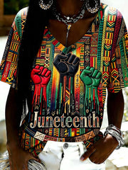 Women's Juneteenth Print Casual V-Neck Tee