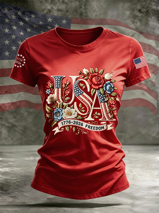 Women's Independence Day Floral USA Flag Print Casual Tee