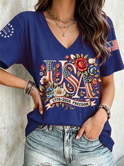 Women's Independence Day Floral USA Flag Print Casual Tee