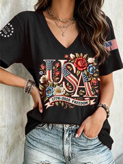 Women's Independence Day Floral USA Flag Print Casual Tee