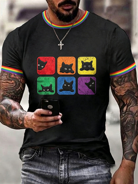 Men's Pride Month Rainbow Cat Art Short Sleeve T-shirt