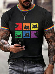 Men's Pride Month Rainbow Cat Art Short Sleeve T-shirt