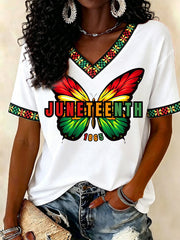 Women's Juneteenth Butterfly Print Casual V-Neck Tee
