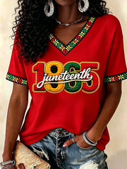 Women's Juneteenth Print Casual V-Neck Tee