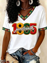 Women's Juneteenth Print Casual V-Neck Tee