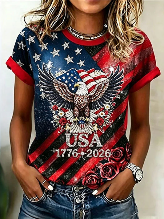 Women's Independence Day Flag Flower Print Casual O-neck Short Sleeve T-shirt