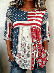 Women's American flag flowersCotton-Linen Button-Front Top with Ties