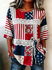 Women's American Flag Flowers Cotton-Linen Button-Front Top With Ties
