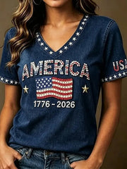 Women's Independence Day  Flag Art Print Casual V-neck Short Sleeve T-shirt