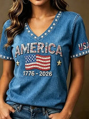 Women's Independence Day  Flag Art Print Casual V-neck Short Sleeve T-shirt