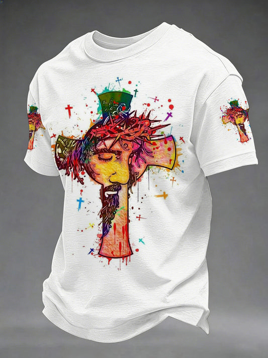 Men's Jesus Cross Print Casual Tee
