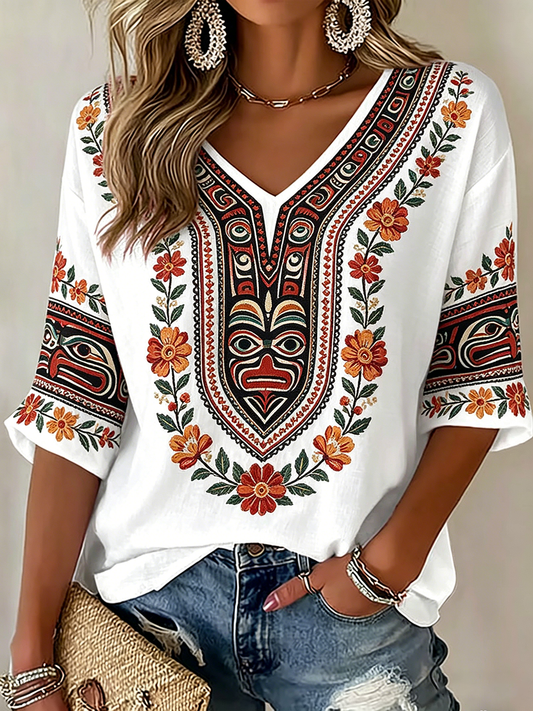 Women's Indigenous Floral Print Casual T-Shirt