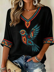 Women's Indigenous Hummingbird Art V-Neck Tops