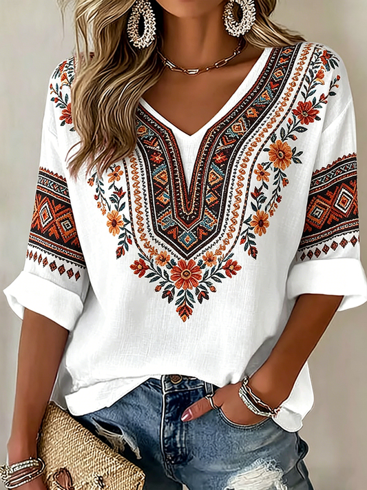 Women's Indigenous Floral Print Casual T-Shirt