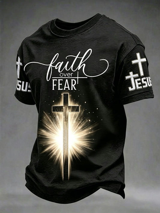 Men's Christian Cross Faith Over Fear Print Short Sleeve T-shirt