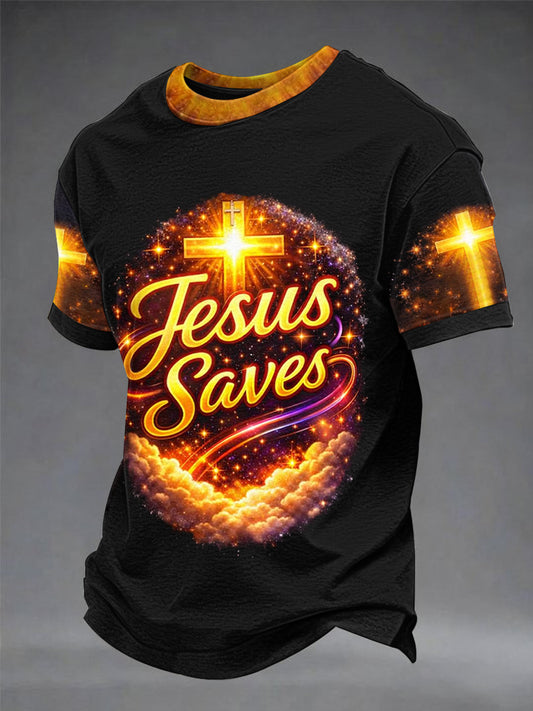 Men's Christian Cross Jesus Saves Print Short Sleeve T-shirt