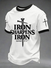Men's Iron Sharpens Iron Proverbs 27:17 Christian Cross Print Casual Tee