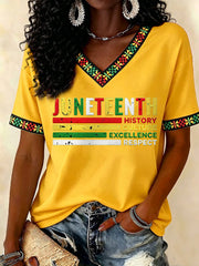 Women's Juneteenth History Culture Excellence Respect Print Casual V-Neck Tee