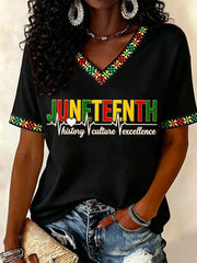 Women's Juneteenth History Culture Excellence Respect Print Casual V-Neck Tee