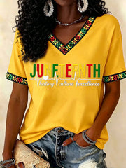 Women's Juneteenth History Culture Excellence Respect Print Casual V-Neck Tee