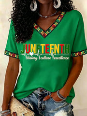 Women's Juneteenth History Culture Excellence Respect Print Casual V-Neck Tee