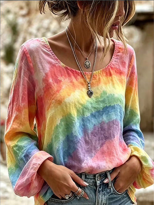 Women's Pride Month Watercolor Rainbow  Art Print Long Sleeve Top