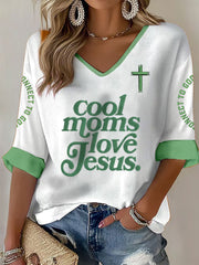 Women's "Cool Moms Love Jesus" Print Casual Waffle T-shirt