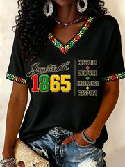Women's Juneteenth History Culture Excellence Respect Print Casual V-Neck Tee