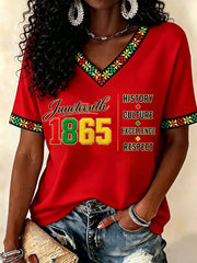 Women's Juneteenth History Culture Excellence Respect Print Casual V-Neck Tee