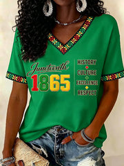Women's Juneteenth History Culture Excellence Respect Print Casual V-Neck Tee