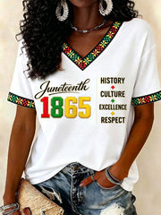 Women's Juneteenth History Culture Excellence Respect Print Casual V-Neck Tee