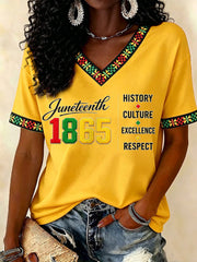 Women's Juneteenth History Culture Excellence Respect Print Casual V-Neck Tee