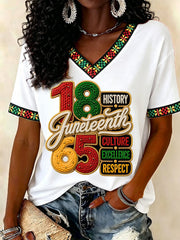 Women's Juneteenth History Culture Excellence Respect Print Casual V-Neck Tee