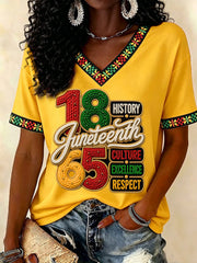 Women's Juneteenth History Culture Excellence Respect Print Casual V-Neck Tee