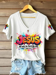 Women's Christian Jesus Cross Short Sleeve V-neck T-shirt