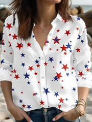 Women's Independence Day Red White Blue Stars Print Casual Patriotic Long Sleeve Shirt