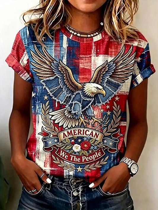 Women's Vintage Independence Day Eagle Art Print Crew Neck Short Sleeve Top