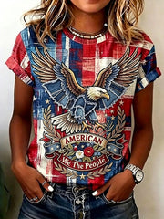 Women's Vintage Independence Day Eagle Art Print Crew Neck Short Sleeve Top