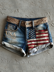Women's USA 1776-2026 Vintage American Flag Contrast Print Denim Shorts