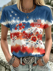 Women's Vintage Independence Day Flag Floral Art Print Short Sleeve Top