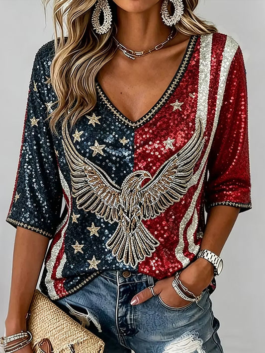 Women's Vintage Independence Day Eagle Art Print  V-Neck T-Shirt