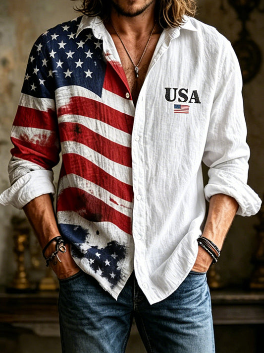 Men's Independence Day USA Flag Print Casual Patriotic Long Sleeve Shirt