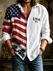 Men's Independence Day USA Flag Print Casual Patriotic Long Sleeve Shirt