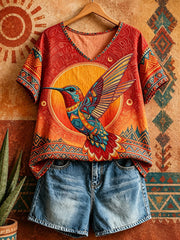 Women's Native Hummingbird Art V-Neck Tops