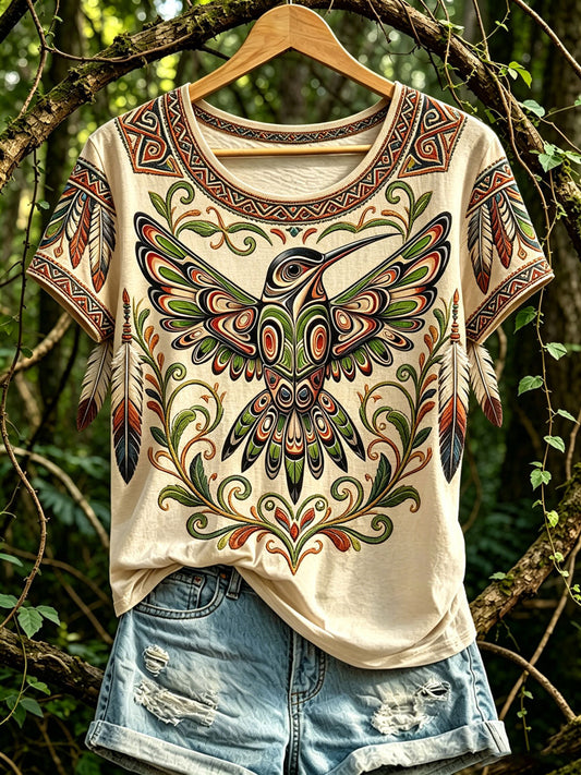 Women's Casual T-Shirt with North American Indigenous Bird Totem Design