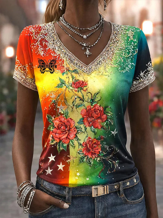 Women's Juneteenth Design Printed V-neck T-shirt