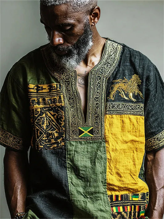 Men's Reggae Lion Jamaica Flag African Kente Patchwork Print Short Sleeve Shirt