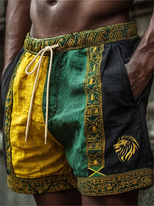 Men's Reggae Lion Jamaica Flag Ethnic Colorblock Print Linen Shorts