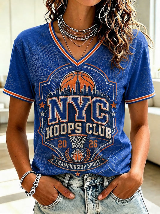 Women's New York Basketball Printed V-neck T-shirt